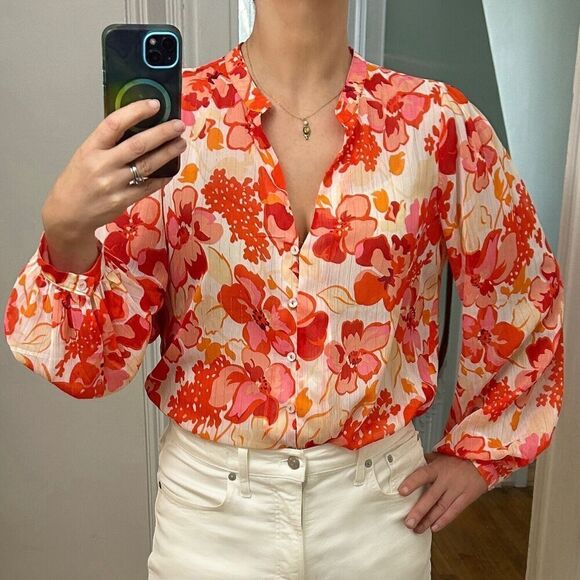 Lulu’s Sunny Muse Blouse Red Pink Coral Ivory Floral Lurex Size Medium - Picture 6 of 10